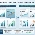 An infographic dashboard illustrating the contrast between upstream authority metrics and downstream organic traffic revenue