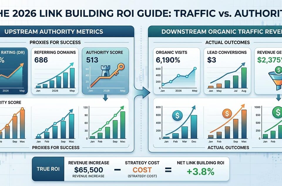An infographic dashboard illustrating the contrast between upstream authority metrics and downstream organic traffic revenue