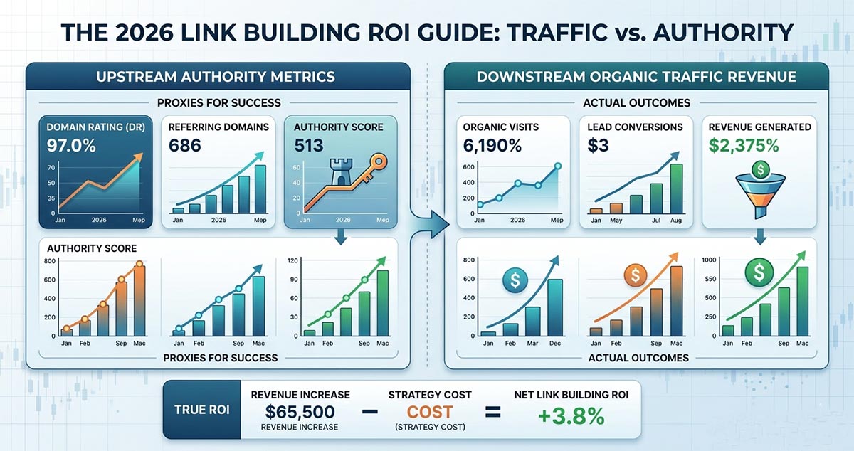 An infographic dashboard illustrating the contrast between upstream authority metrics and downstream organic traffic revenue